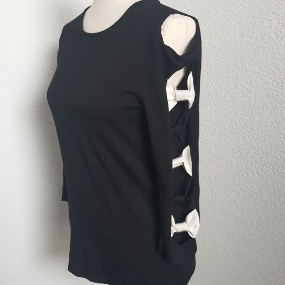 Bow Sleeve Black Sweater Womens S Cotton Rayon Blend Cutouts - Picture 2 of 8